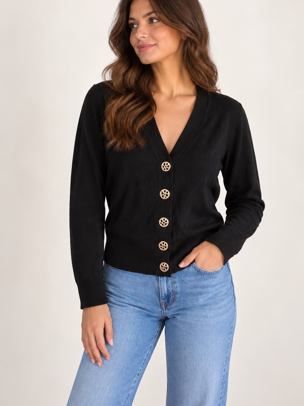 Tory Burch Black V-Neck Cardigan Gold Logo Buttons Size Small
